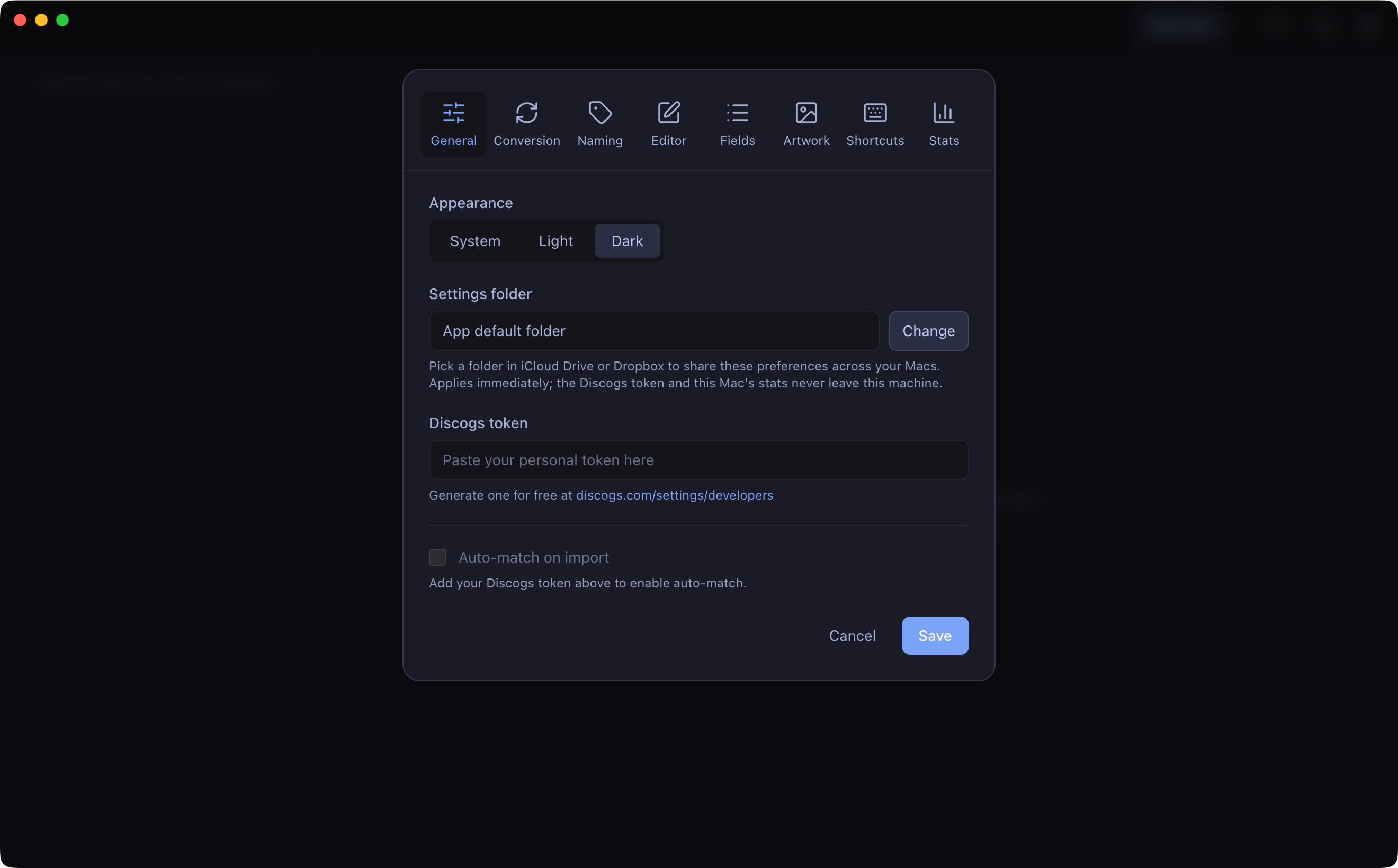 The Settings panel.