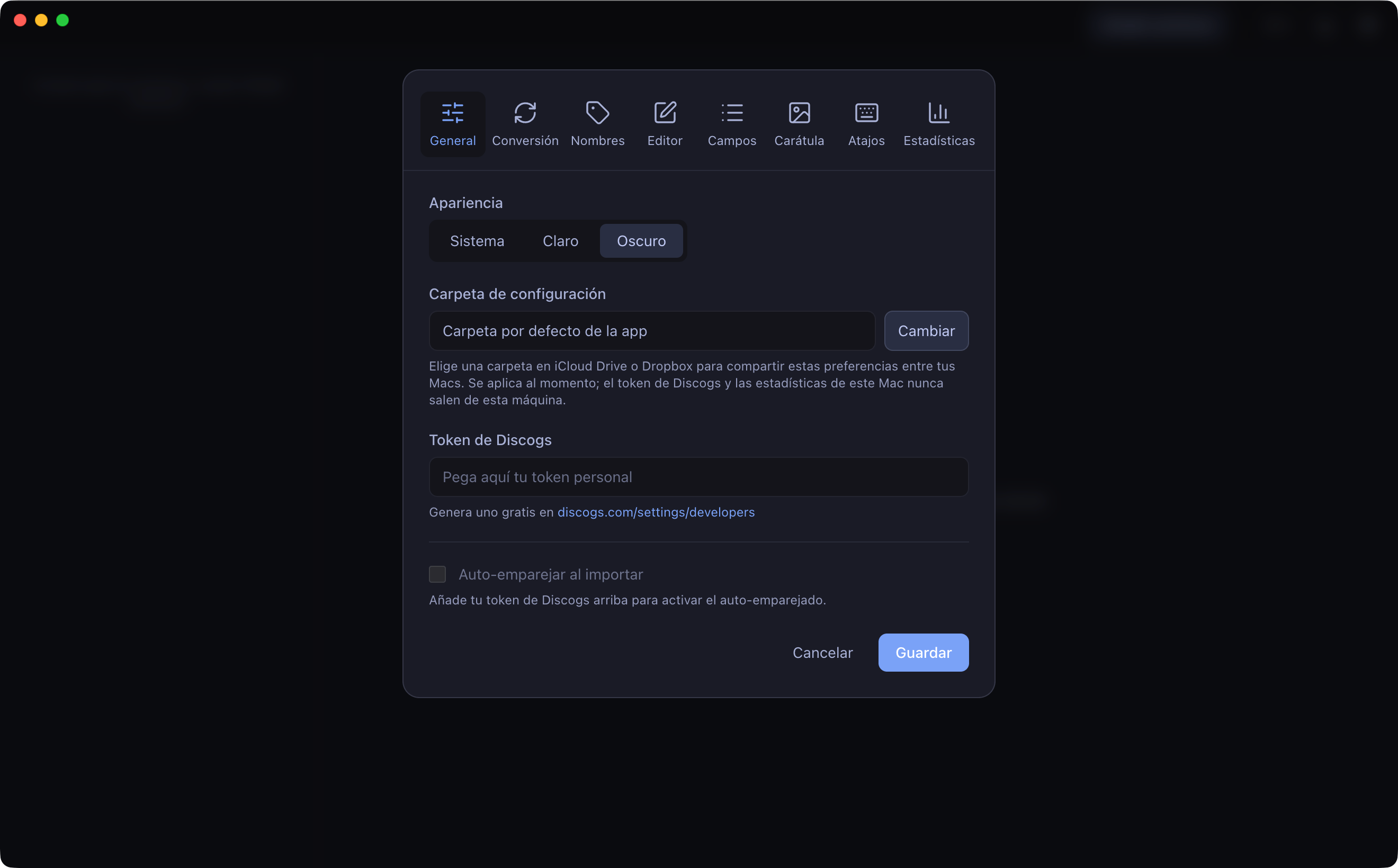 El panel de Ajustes.