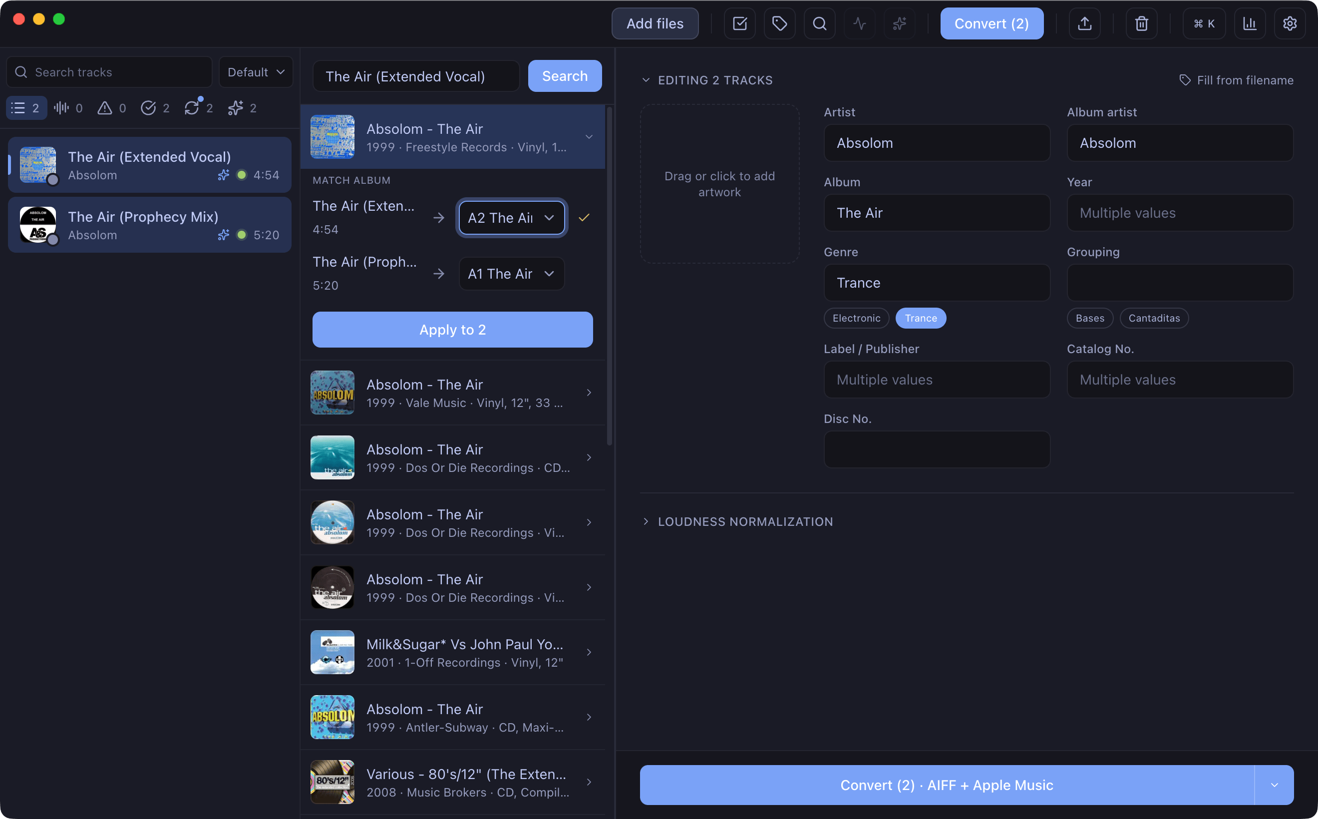 Assigning each file to its song on the release and applying to all.