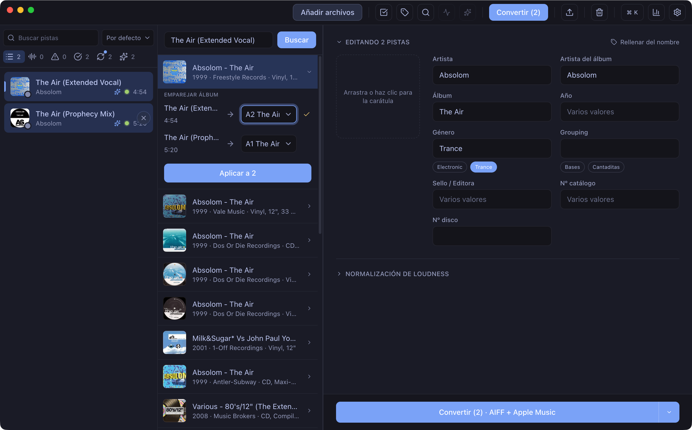 Asignar cada archivo a su canción del disco y aplicar a todas.