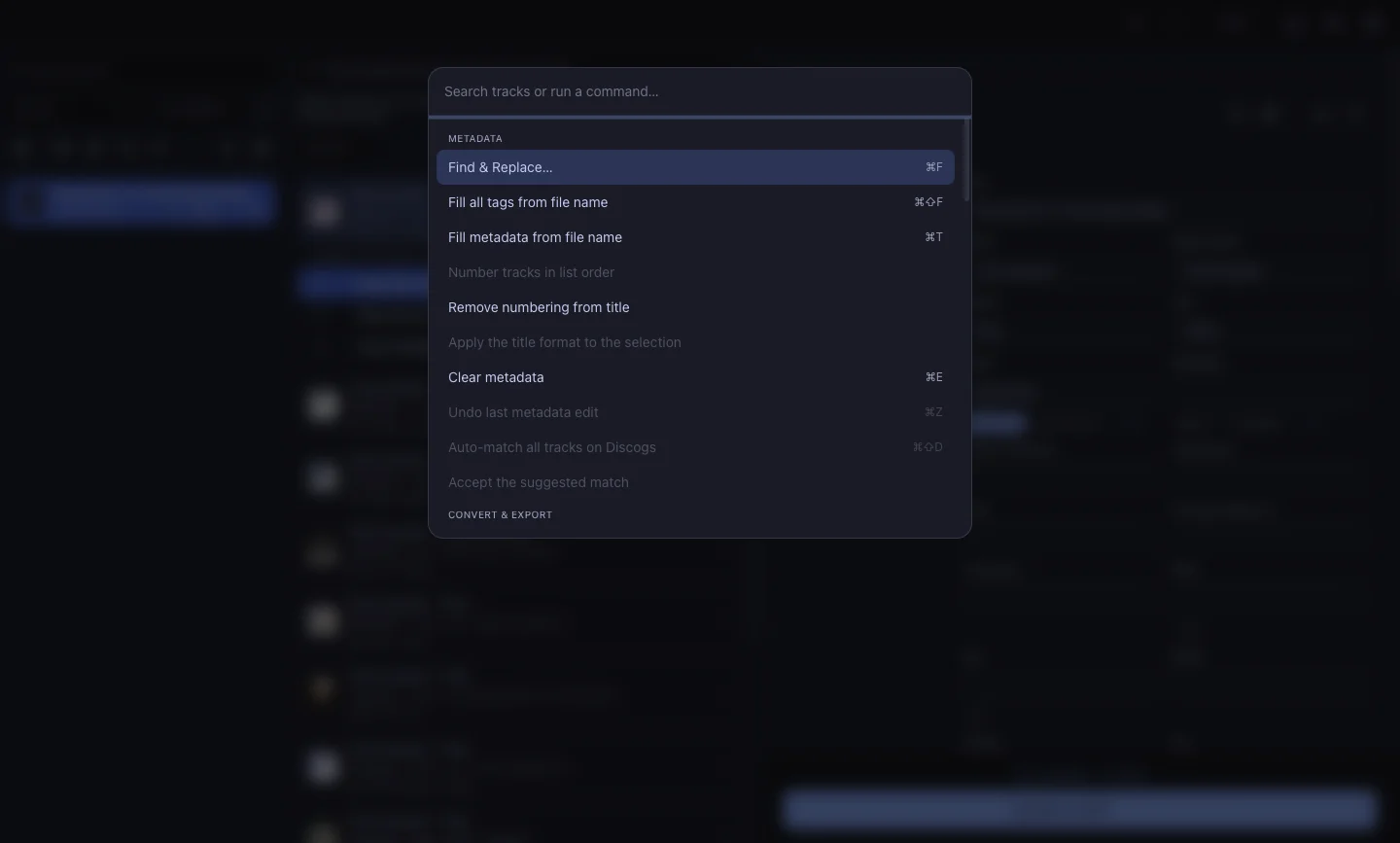 The command palette with search open.