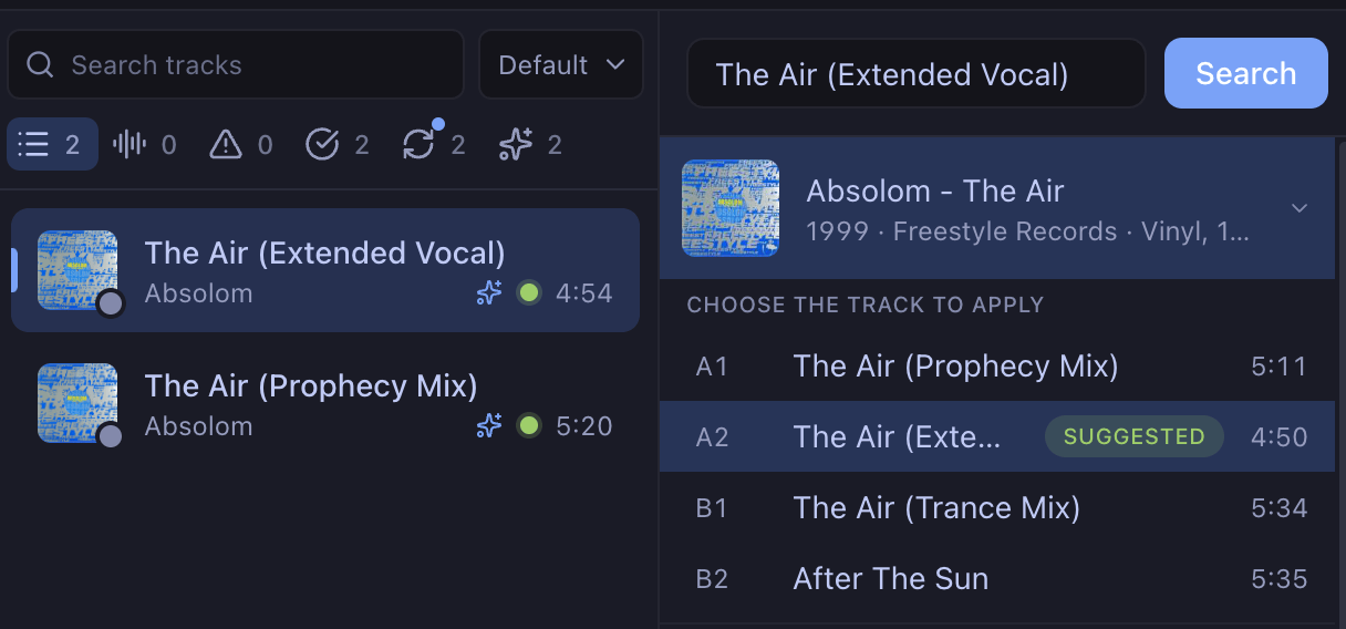 The best match, flagged “Suggested” in the Discogs search.