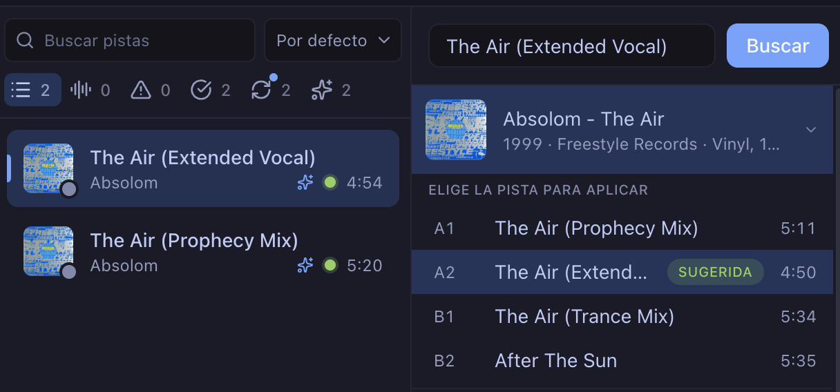 La mejor coincidencia, marcada como «Sugerida» en la búsqueda de Discogs.