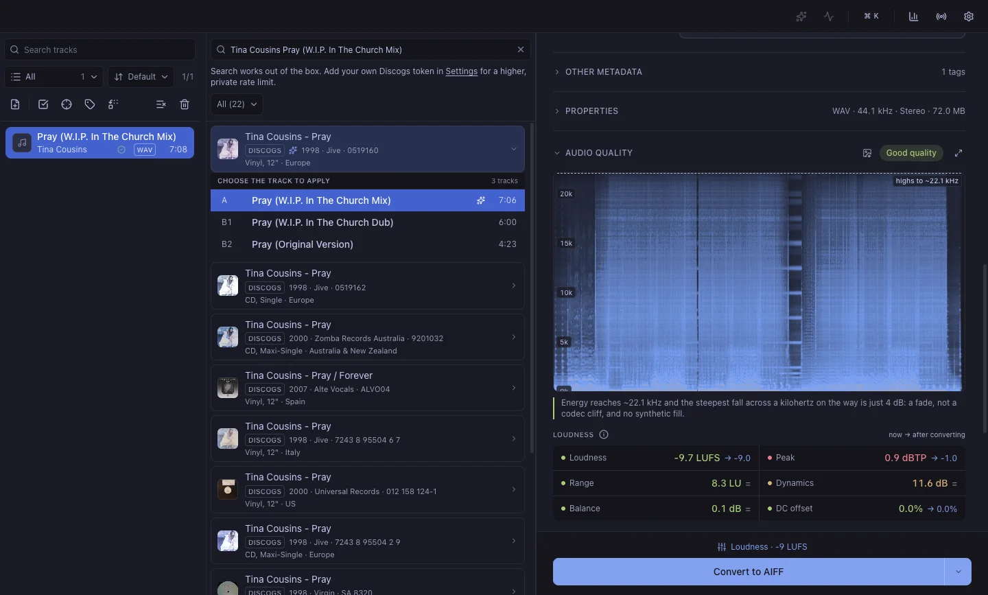A track's spectrum with its quality verdict.