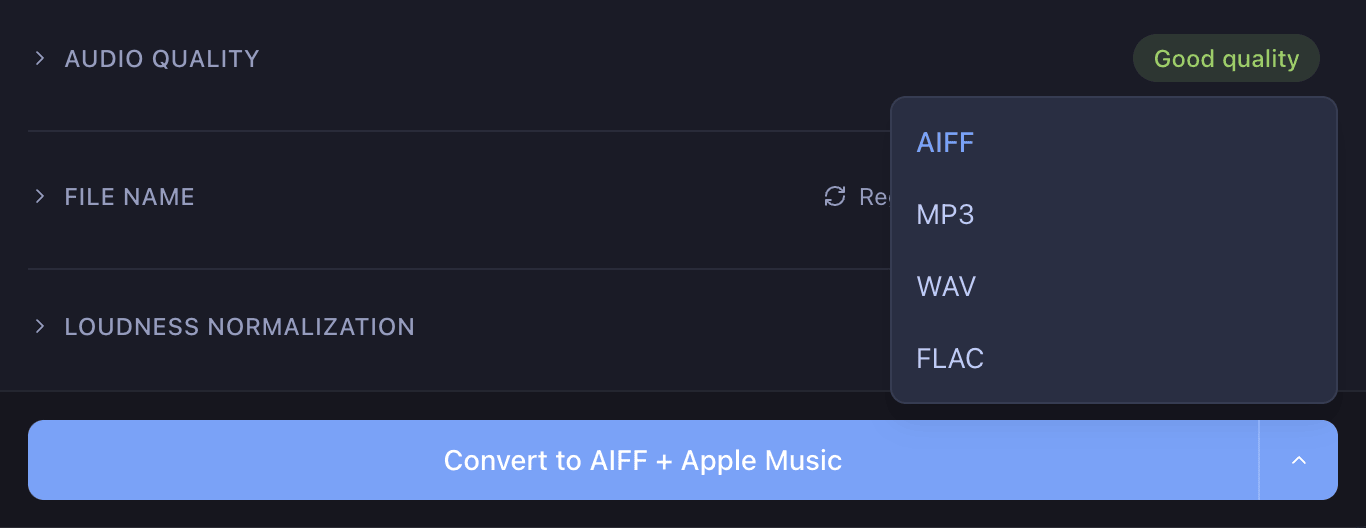 The convert button and format choice.