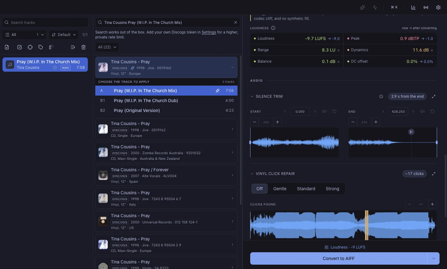 Detected clicks marked on the waveform.