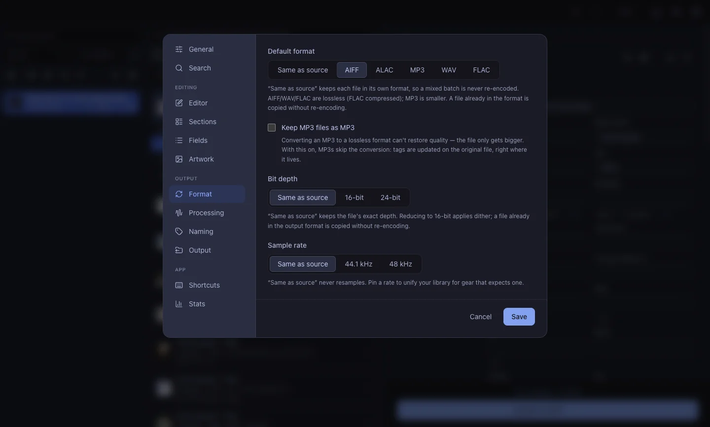 “Same as source” in the format picker.