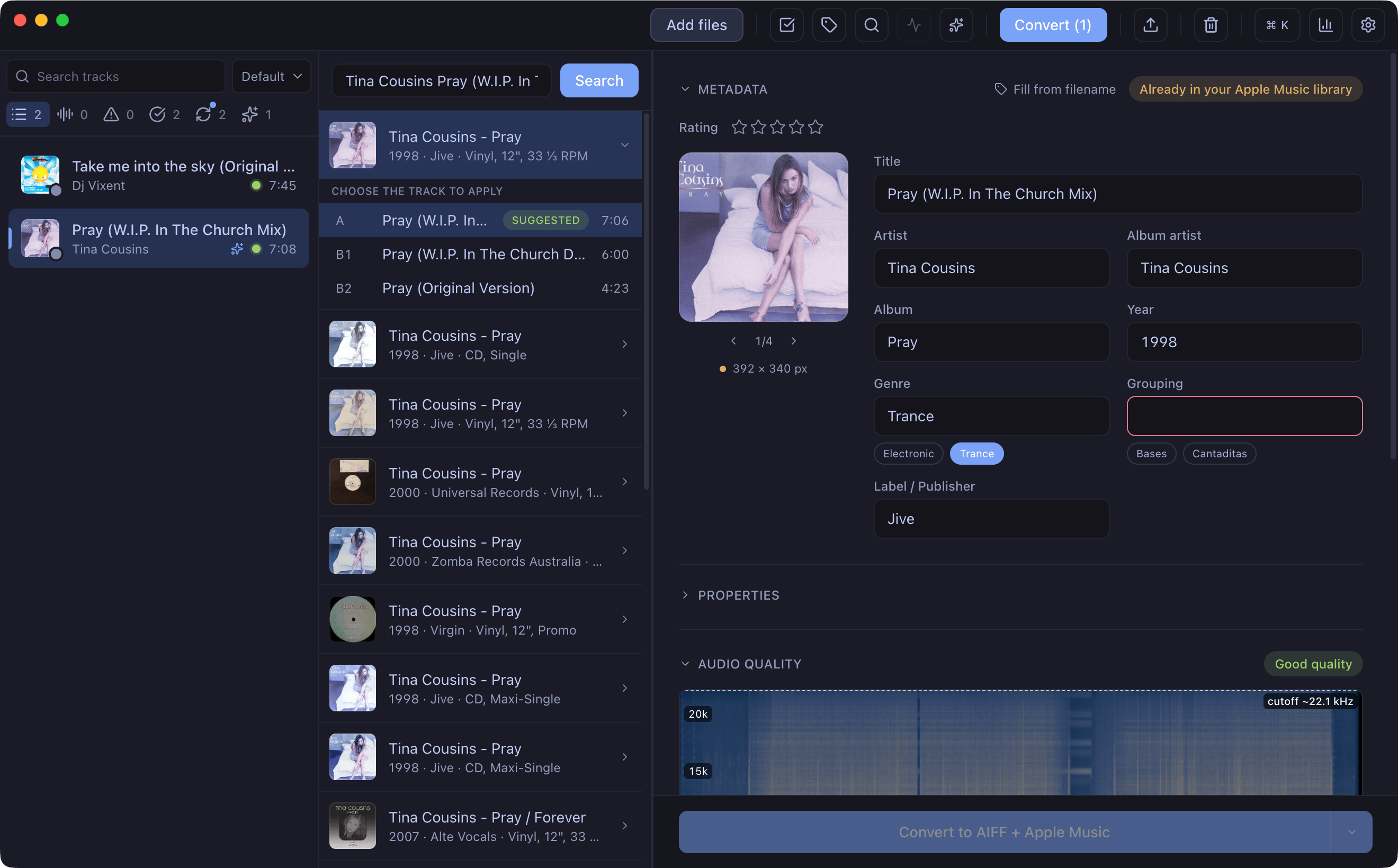The track list with filters and statuses.