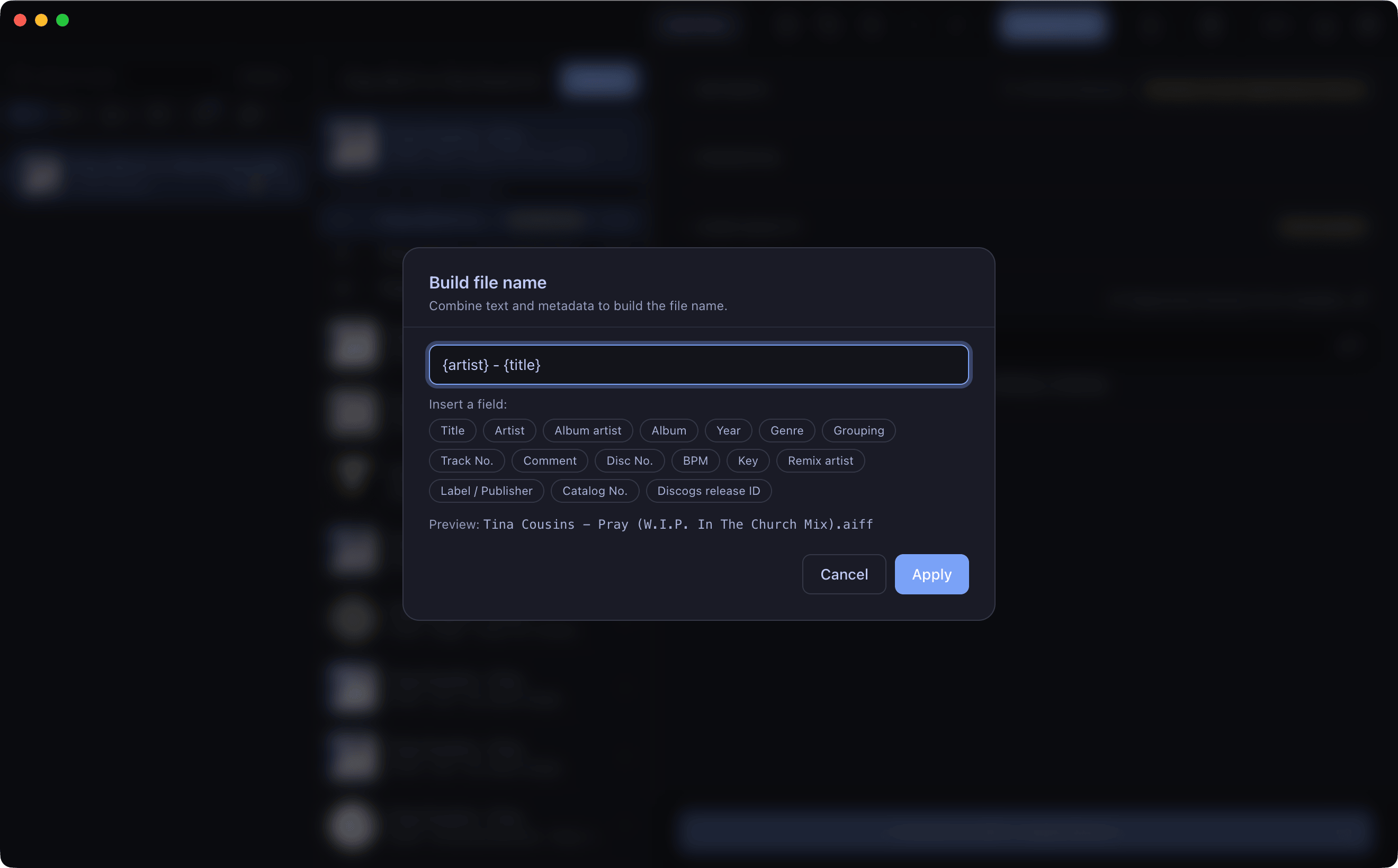 The filename template builder in Settings.