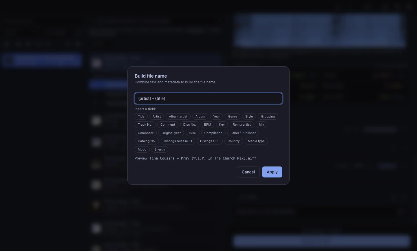 The filename template builder in Settings.