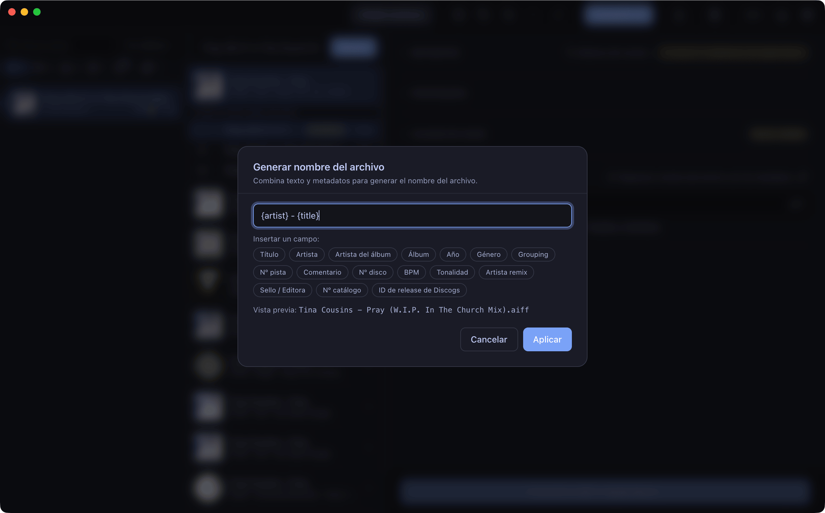 El constructor de plantillas de nombre en Ajustes.